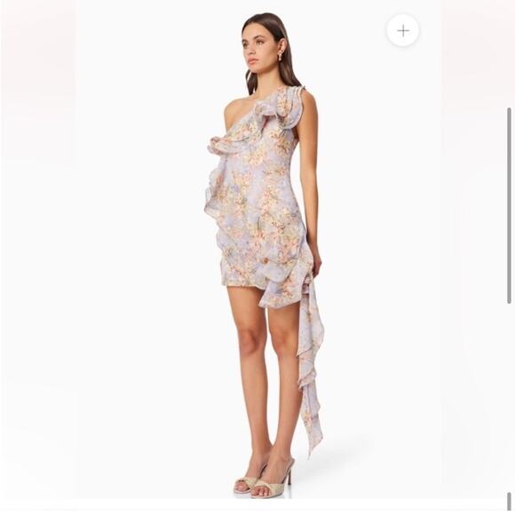 elliatt sahara purple floral one shoulder ruffle asymmetrical mini dress large - Picture 4 of 10